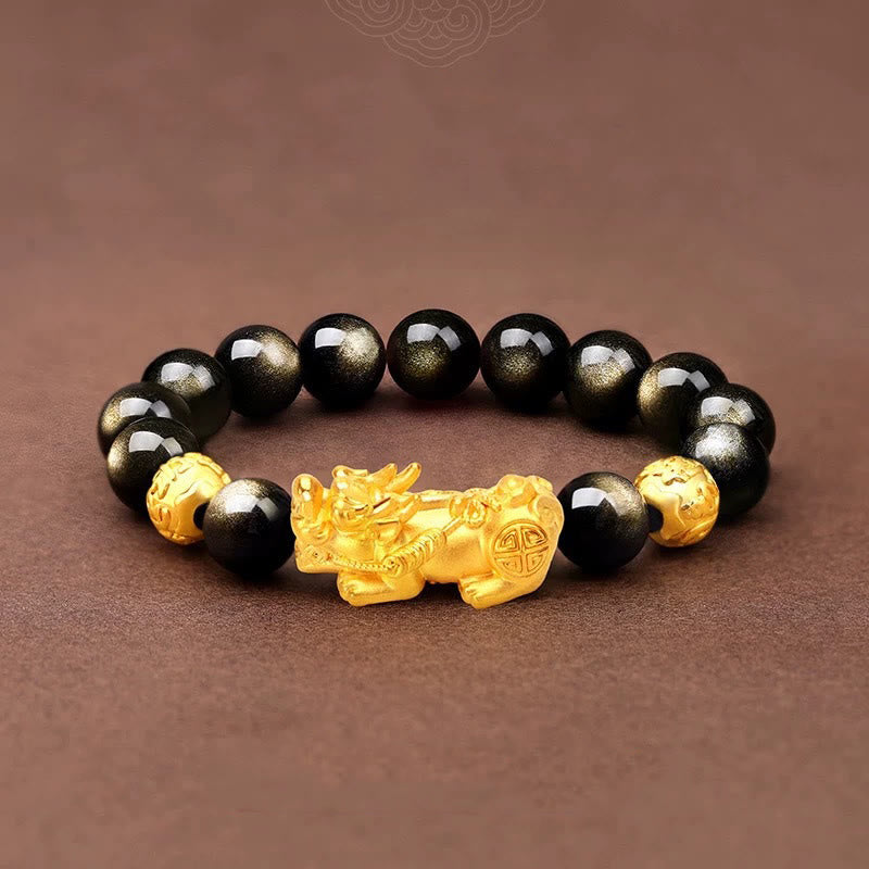 Foviel Natürliches Gold Sheen Obsidian PiXiu Om Mani Padme Hum Reichtum Armband