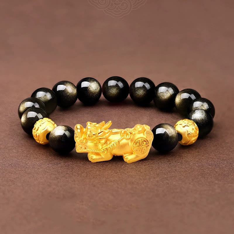 Foviel Natural Gold Sheen Obsidian PiXiu Om Mani Padme Hum Wealth Bracelet