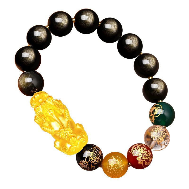 Bracelet de protection Foviel en obsidienne à reflets dorés naturels avec Pixiu et les dieux de la richesse des cinq directions