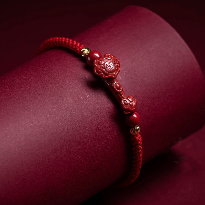 Buddha Stones Handmade Cinnabar Ruyi Handle Fu Character PiXiu Blessing Red String Braided Bracelet Bracelet BS 14