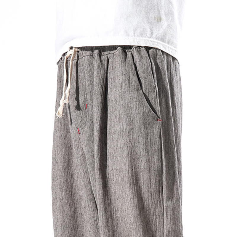 Foviel Casual Solid Color Drawstring Linen Men's Pants With Pockets
