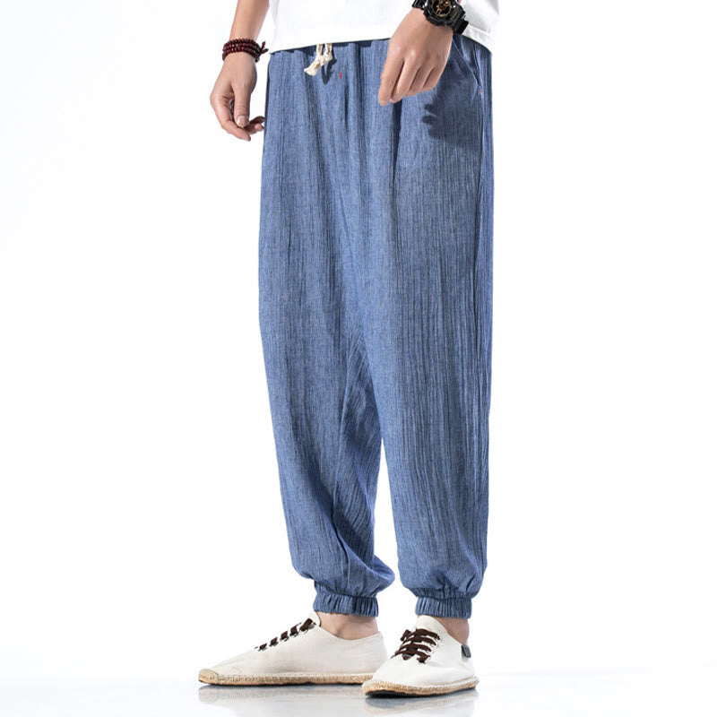 Foviel Casual Solid Color Drawstring Linen Men's Pants With Pockets