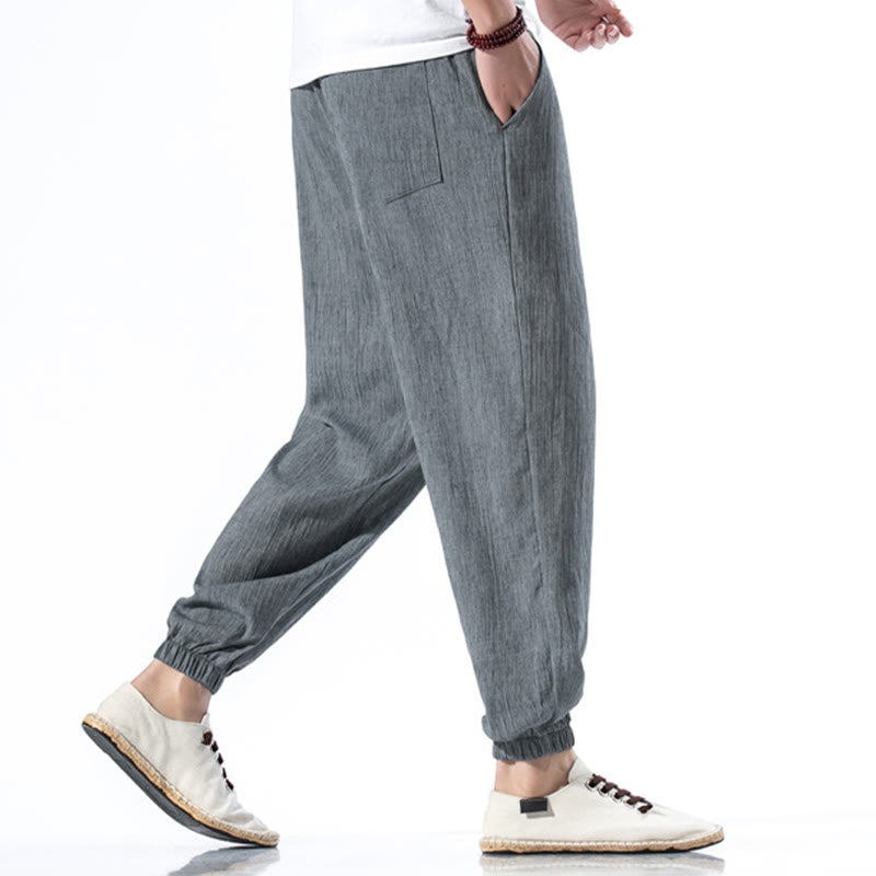 Foviel Casual Solid Color Drawstring Linen Men's Pants With Pockets