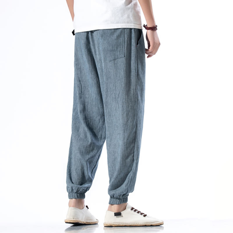 Foviel Casual Solid Color Drawstring Linen Men's Pants With Pockets