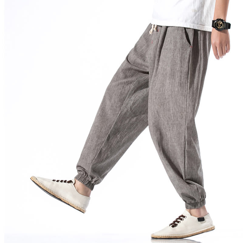 Foviel Casual Solid Color Drawstring Linen Men's Pants With Pockets