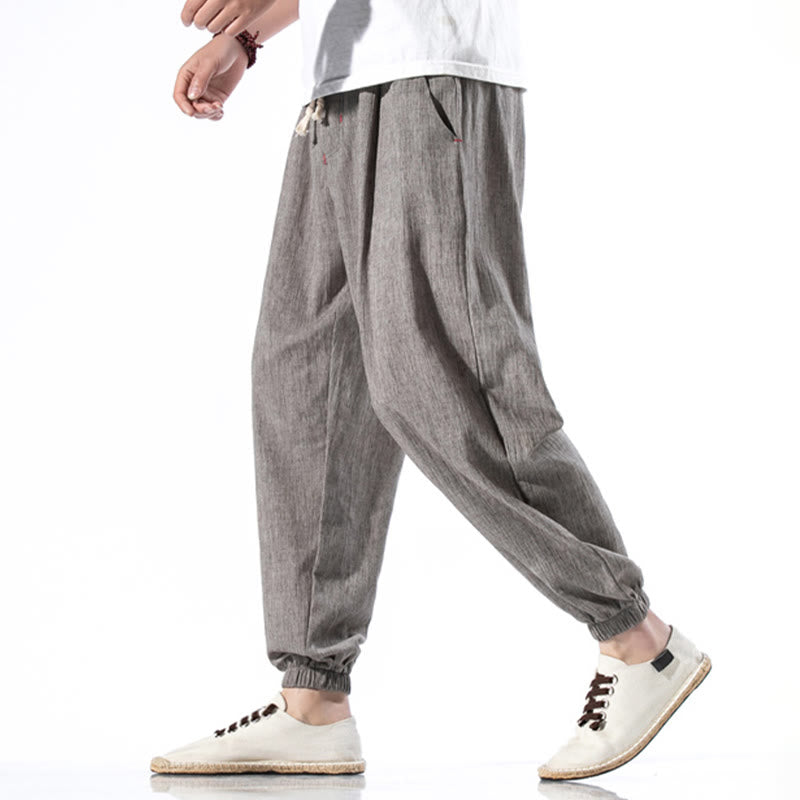 Foviel Casual Solid Color Drawstring Linen Men's Pants With Pockets