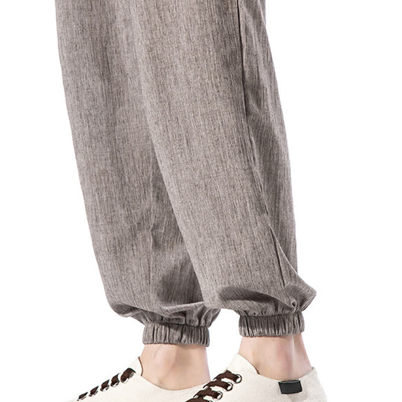Foviel Casual Solid Color Drawstring Linen Men's Pants With Pockets