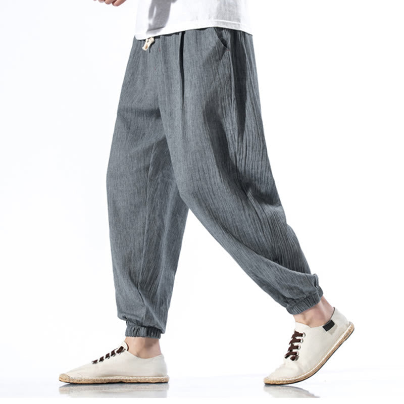 Foviel Casual Solid Color Drawstring Linen Men's Pants With Pockets