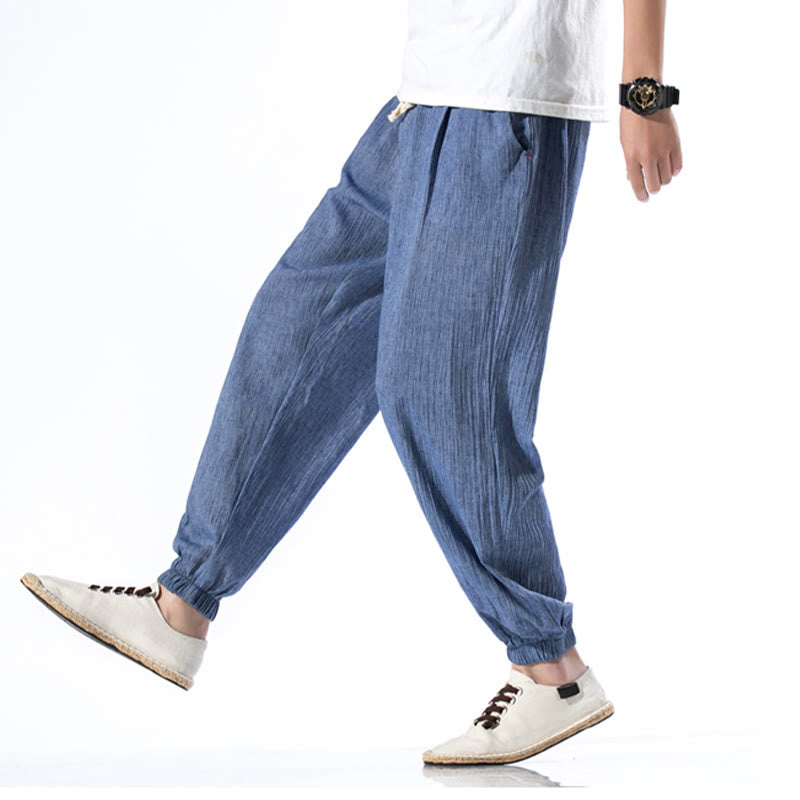 Foviel Casual Solid Color Drawstring Linen Men's Pants With Pockets