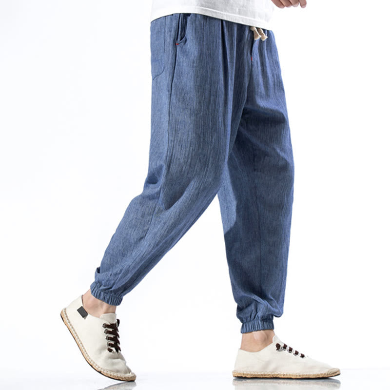 Foviel Casual Solid Color Drawstring Linen Men's Pants With Pockets