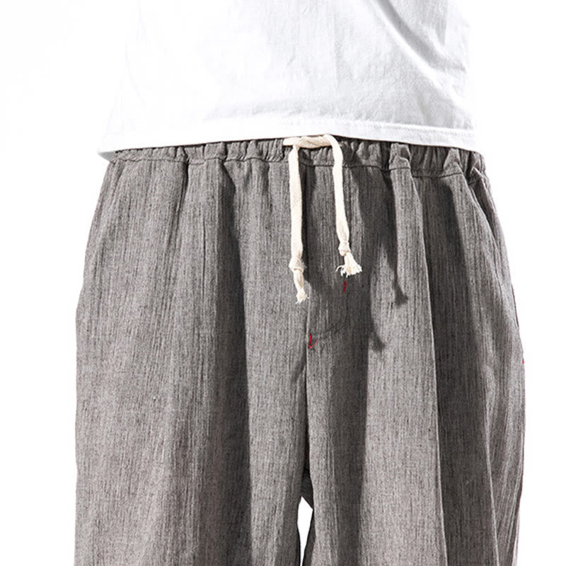 Foviel Casual Solid Color Drawstring Linen Men's Pants With Pockets