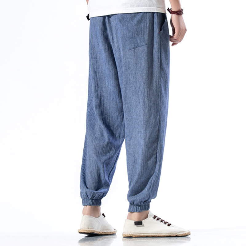 Foviel Casual Solid Color Drawstring Linen Men's Pants With Pockets