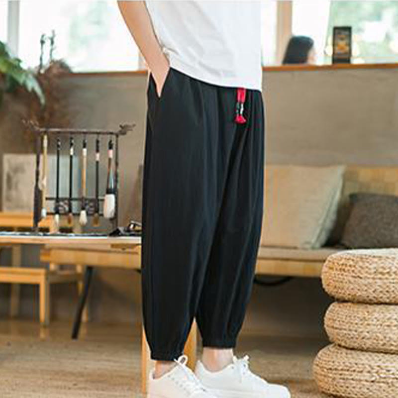 Buddha Stones Plain Color Red Drawstring Linen Men's Pants With Pockets - image 18