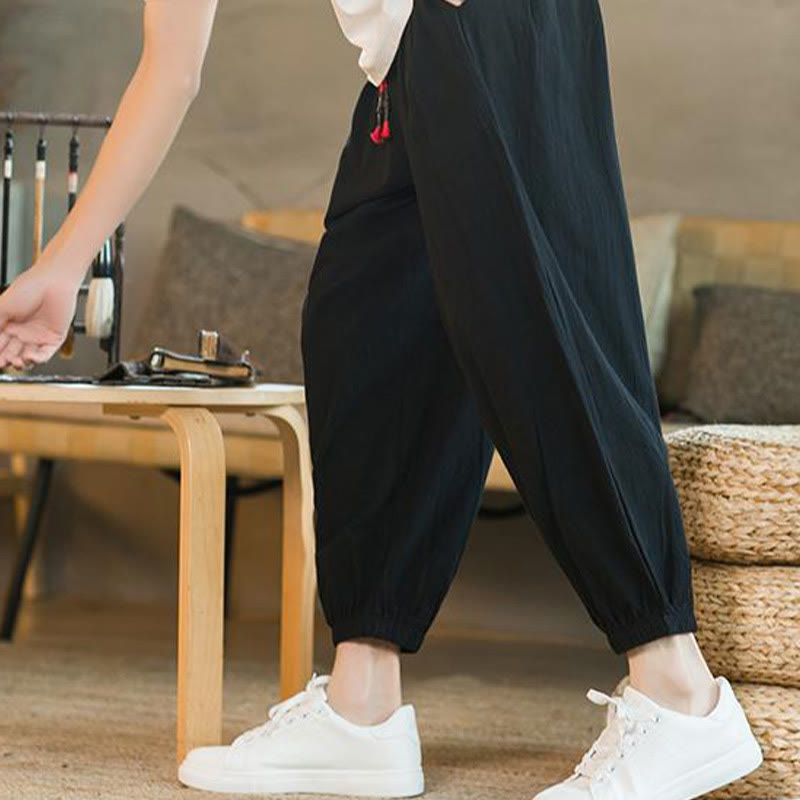 Buddha Stones Plain Color Red Drawstring Linen Men's Pants With Pockets - image 16