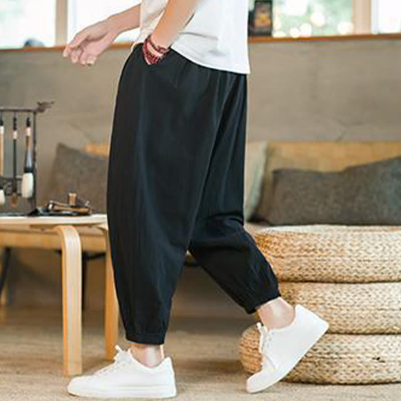 Buddha Stones Plain Color Red Drawstring Linen Men's Pants With Pockets - image 17