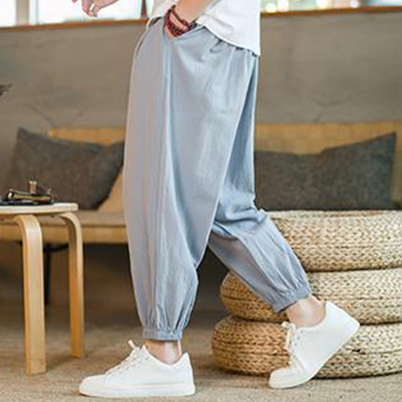 Buddha Stones Plain Color Red Drawstring Linen Men's Pants With Pockets - image 27