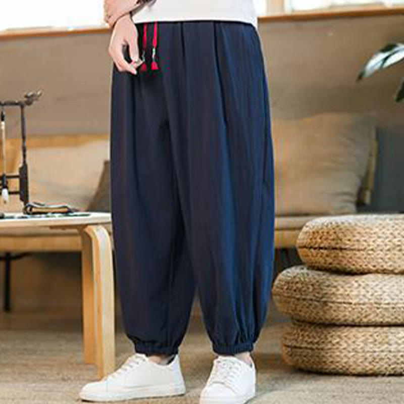 Buddha Stones Plain Color Red Drawstring Linen Men's Pants With Pockets - image 32