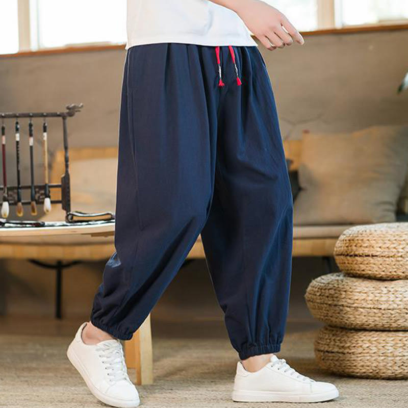 Buddha Stones Plain Color Red Drawstring Linen Men's Pants With Pockets - image 33