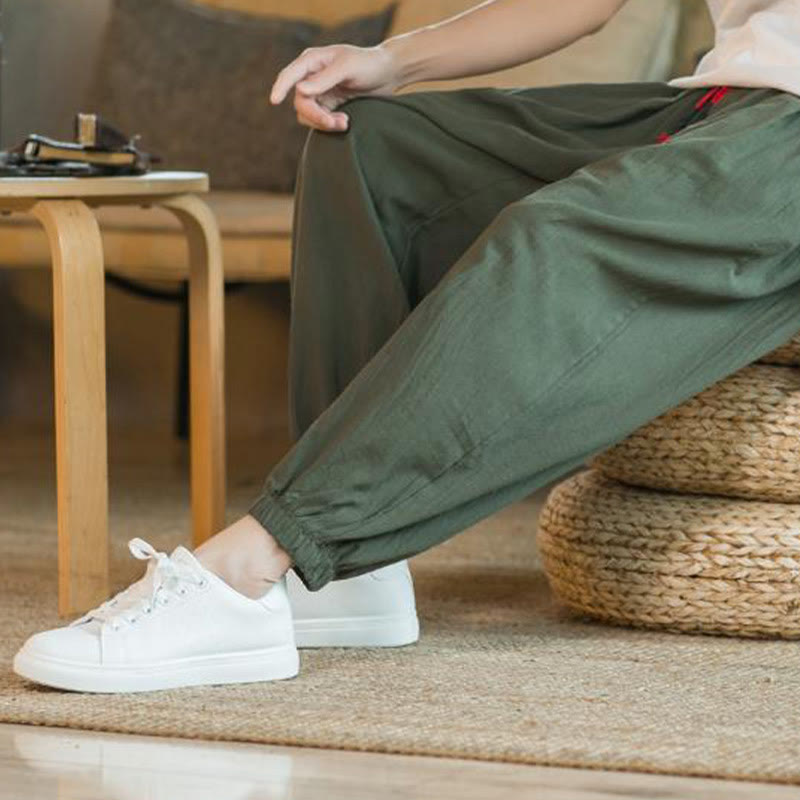 Buddha Stones Plain Color Red Drawstring Linen Men's Pants With Pockets - image 11
