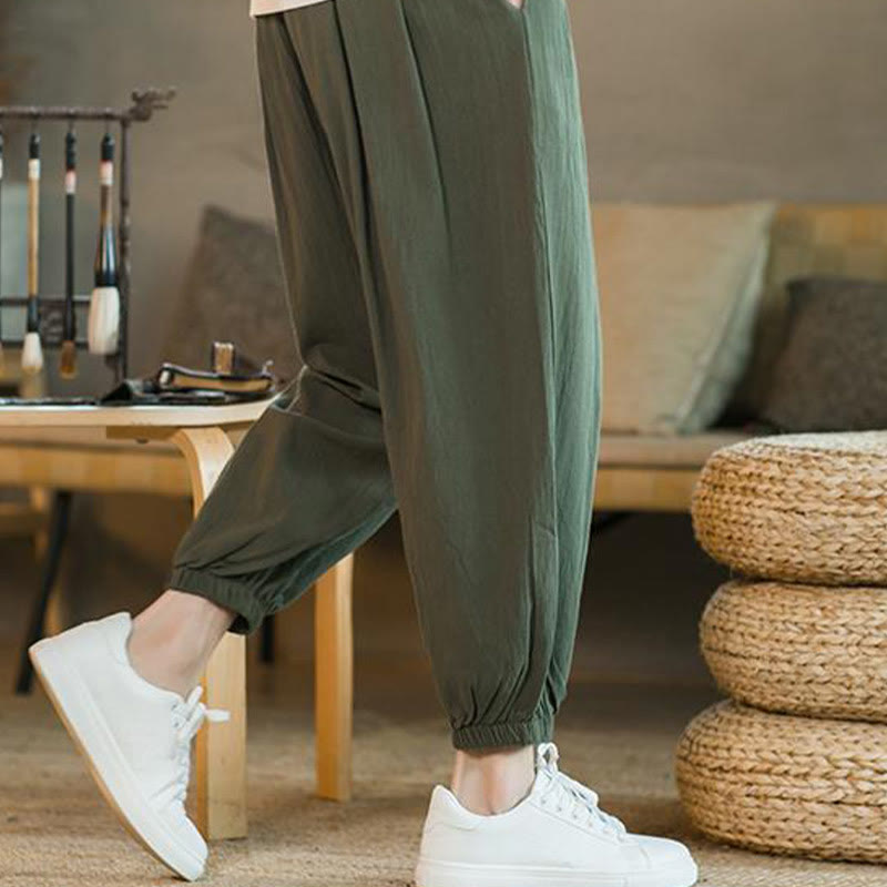 Buddha Stones Plain Color Red Drawstring Linen Men's Pants With Pockets - image 10