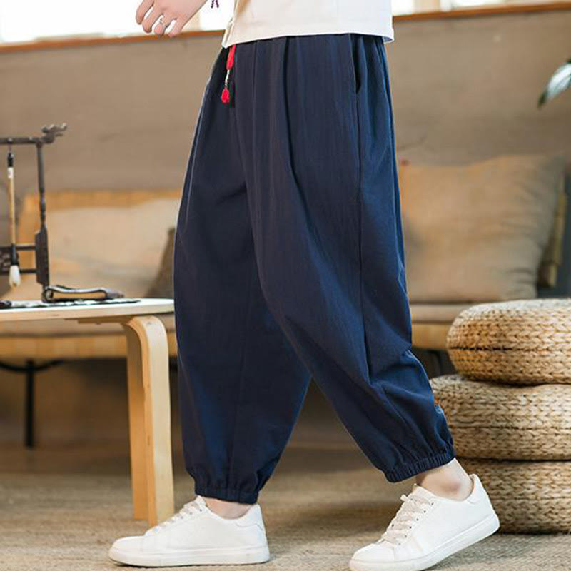 Buddha Stones Plain Color Red Drawstring Linen Men's Pants With Pockets - image 34