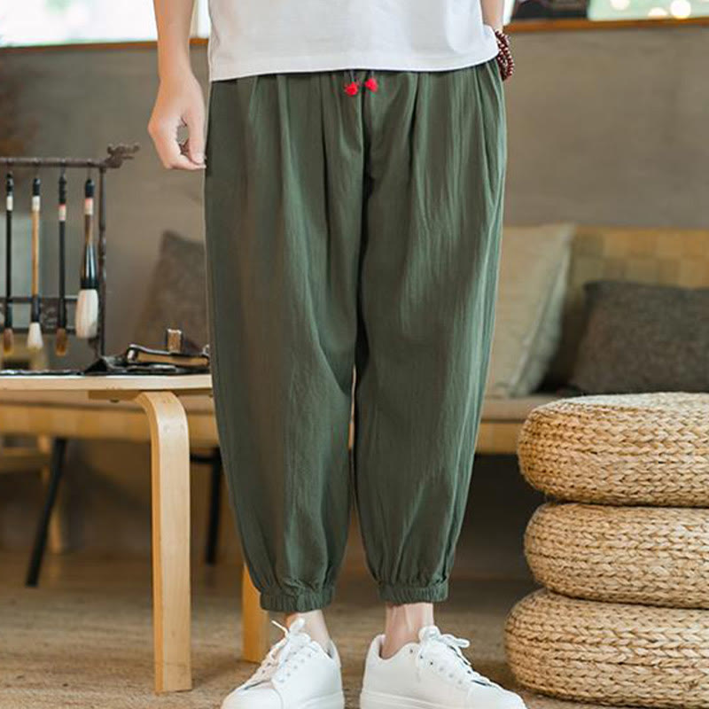 Buddha Stones Plain Color Red Drawstring Linen Men's Pants With Pockets - image 1
