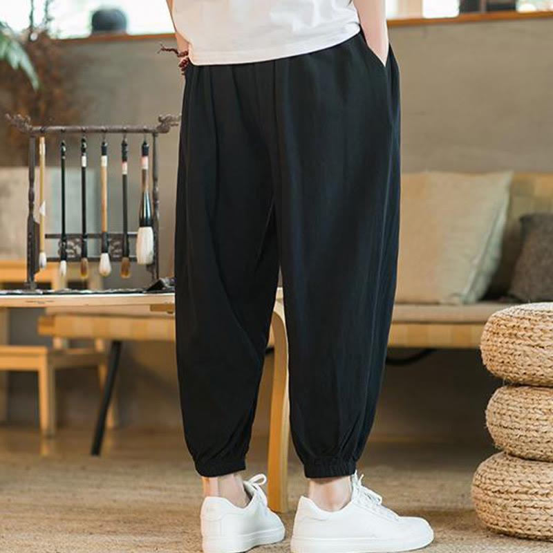 Buddha Stones Plain Color Red Drawstring Linen Men's Pants With Pockets - image 20