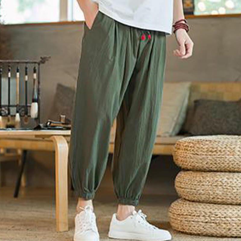 Buddha Stones Plain Color Red Drawstring Linen Men's Pants With Pockets - image 4