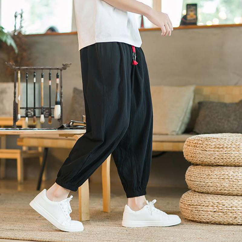 Buddha Stones Plain Color Red Drawstring Linen Men's Pants With Pockets - image 19