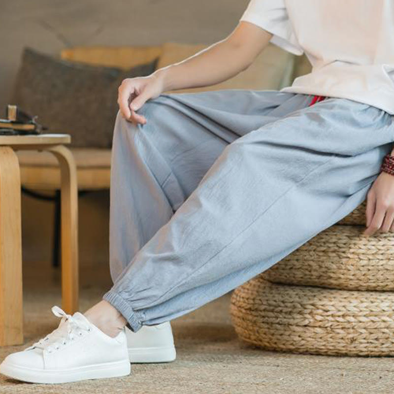 Buddha Stones Plain Color Red Drawstring Linen Men's Pants With Pockets - image 26