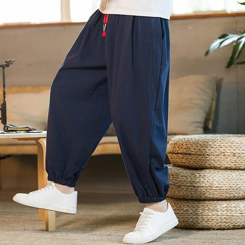 Buddha Stones Plain Color Red Drawstring Linen Men's Pants With Pockets - image 35