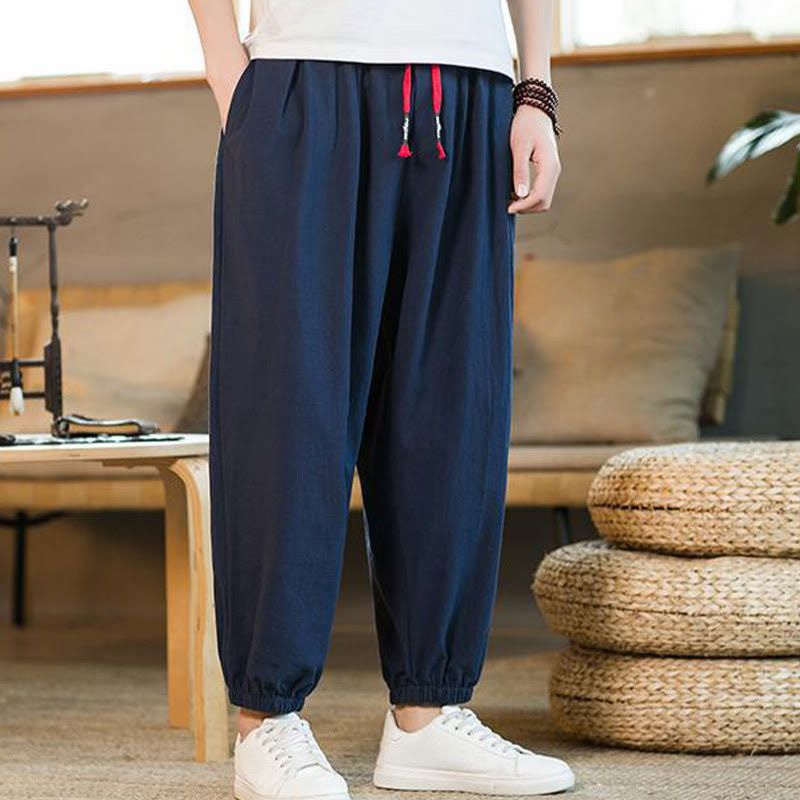 Buddha Stones Plain Color Red Drawstring Linen Men's Pants With Pockets - image 31
