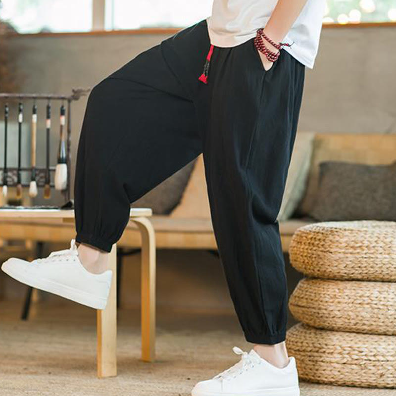 Buddha Stones Plain Color Red Drawstring Linen Men's Pants With Pockets - image 15