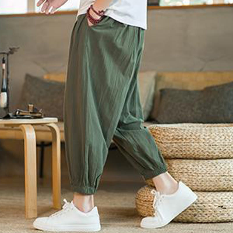 Buddha Stones Plain Color Red Drawstring Linen Men's Pants With Pockets - image 8