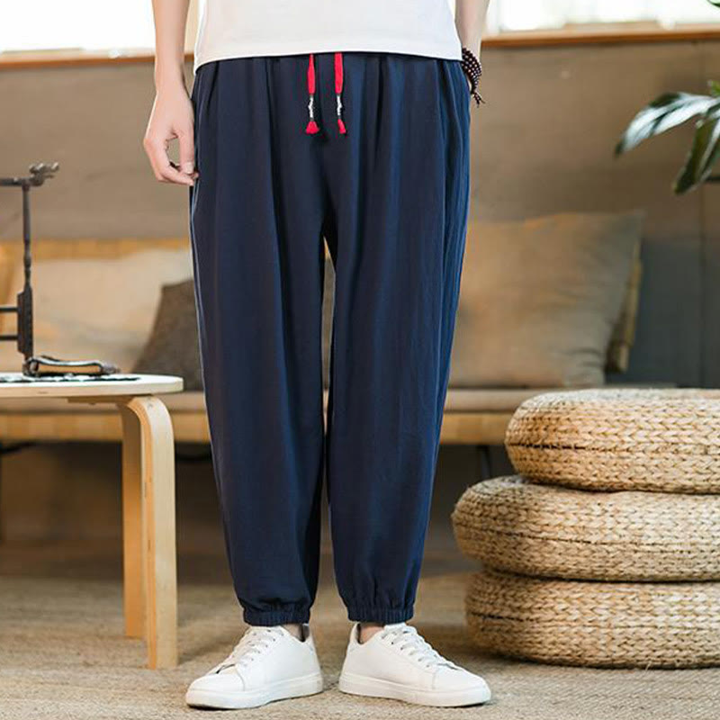 Buddha Stones Plain Color Red Drawstring Linen Men's Pants With Pockets - DarkBlue - US/UK/AU46,EU56 (5XL) - image 30