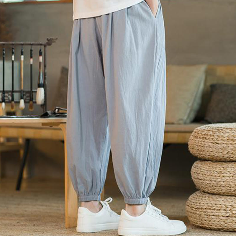 Buddha Stones Plain Color Red Drawstring Linen Men's Pants With Pockets - image 29