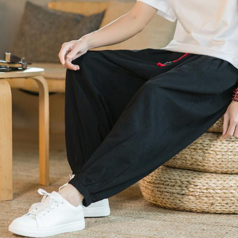 Buddha Stones Plain Color Red Drawstring Linen Men's Pants With Pockets - image 21