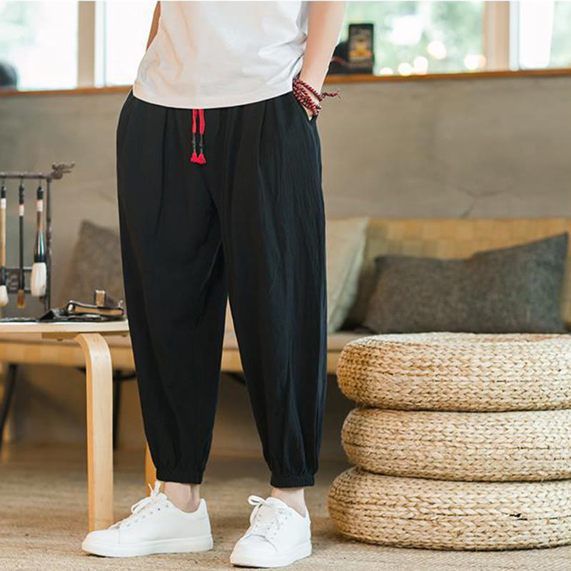 Buddha Stones Plain Color Red Drawstring Linen Men's Pants With Pockets - image 13