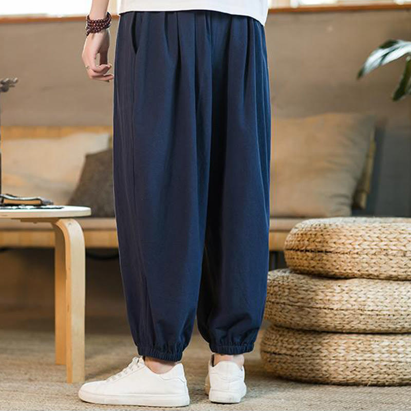Buddha Stones Plain Color Red Drawstring Linen Men's Pants With Pockets - image 38