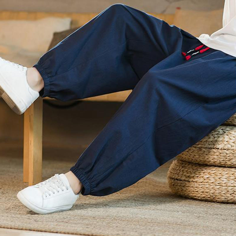 Buddha Stones Plain Color Red Drawstring Linen Men's Pants With Pockets - image 36