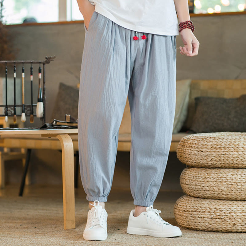 Buddha Stones Plain Color Red Drawstring Linen Men's Pants With Pockets - image 24