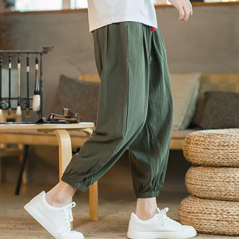 Buddha Stones Plain Color Red Drawstring Linen Men's Pants With Pockets - image 7
