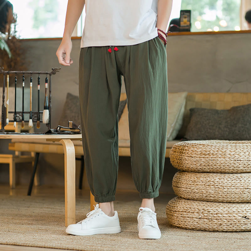 Buddha Stones Plain Color Red Drawstring Linen Men's Pants With Pockets - Green - US/UK/AU46,EU56 (5XL) - image 0