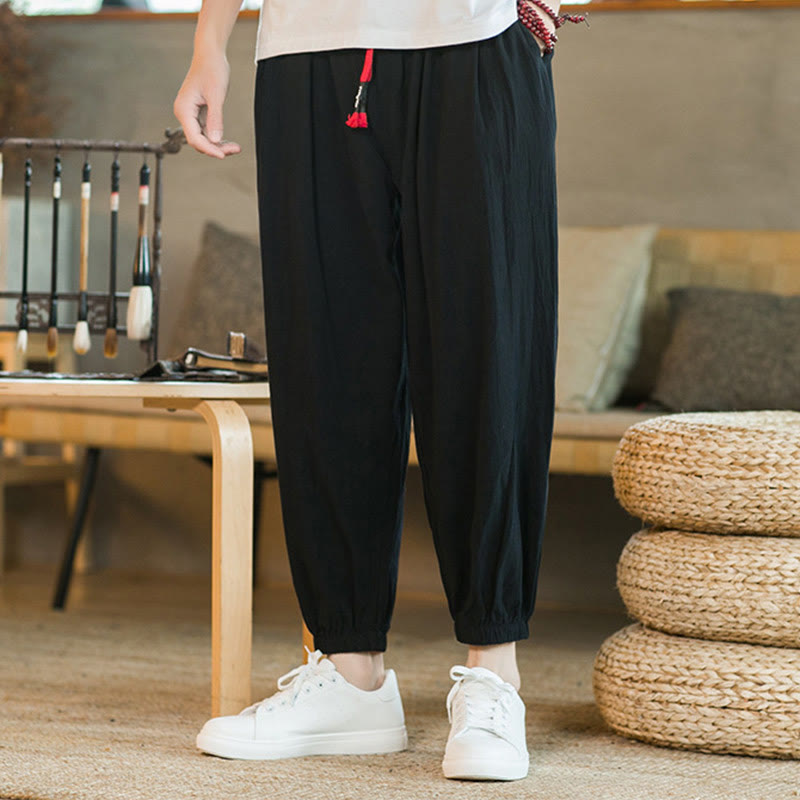 Buddha Stones Plain Color Red Drawstring Linen Men's Pants With Pockets - image 14