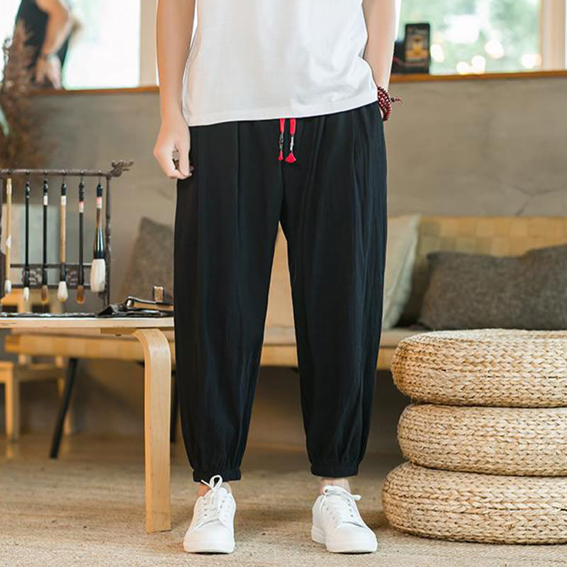 Buddha Stones Plain Color Red Drawstring Linen Men's Pants With Pockets - Black - US/UK/AU46,EU56 (5XL) - image 12