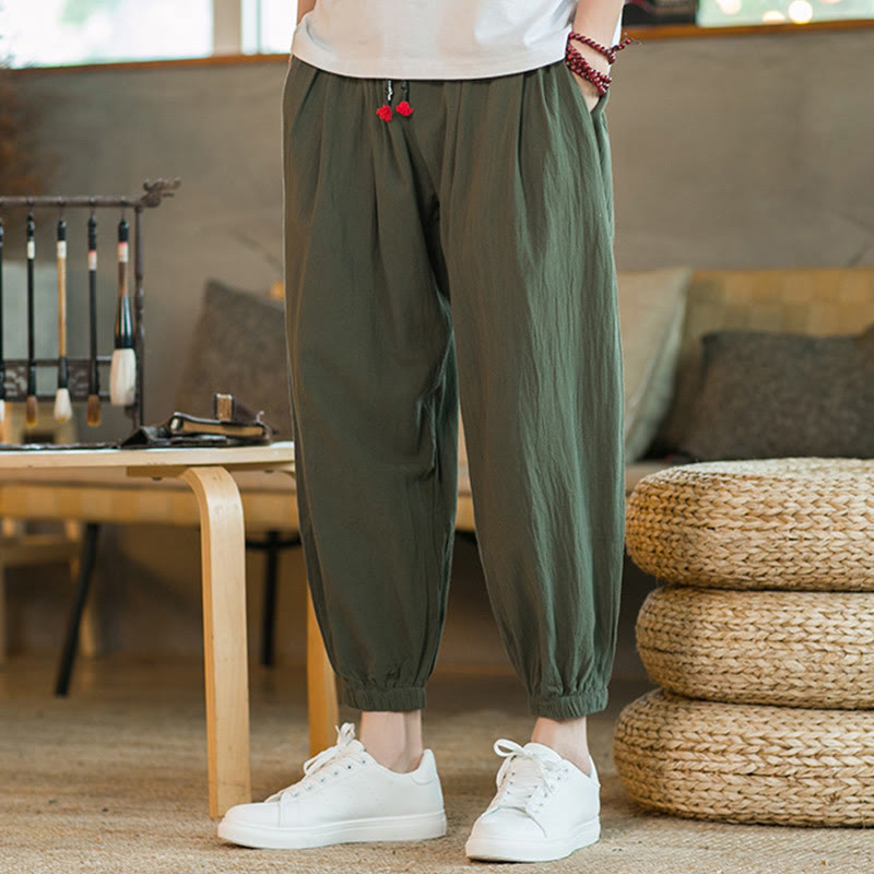 Buddha Stones Plain Color Red Drawstring Linen Men's Pants With Pockets - image 2