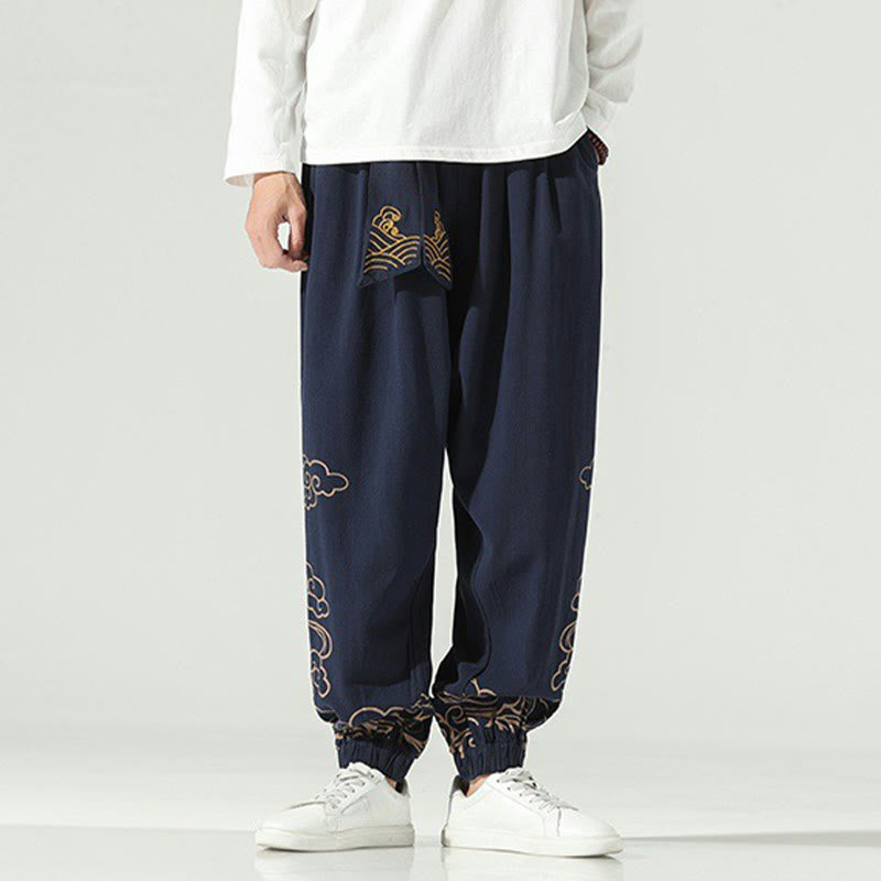 Buddha Stones Auspicious Clouds Cotton Linen Men's Drawstring Harem Pants With Pockets Men's Harem Pants BS MidnightBlue US/UK/AU46,EU56 (5XL)
