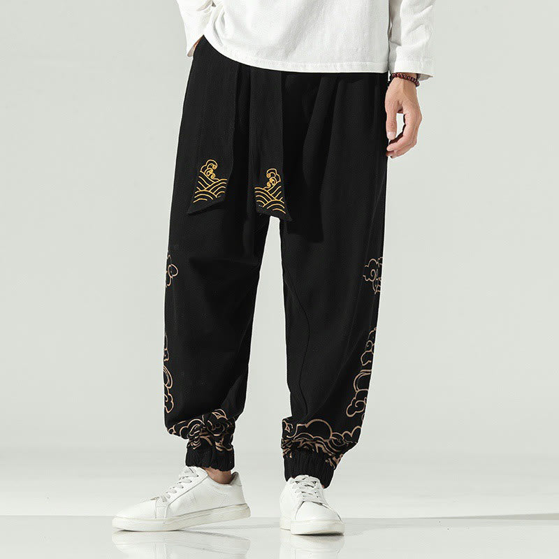 Buddha Stones Auspicious Clouds Cotton Linen Men's Drawstring Harem Pants With Pockets Men's Harem Pants BS Black US/UK/AU46,EU56 (5XL)