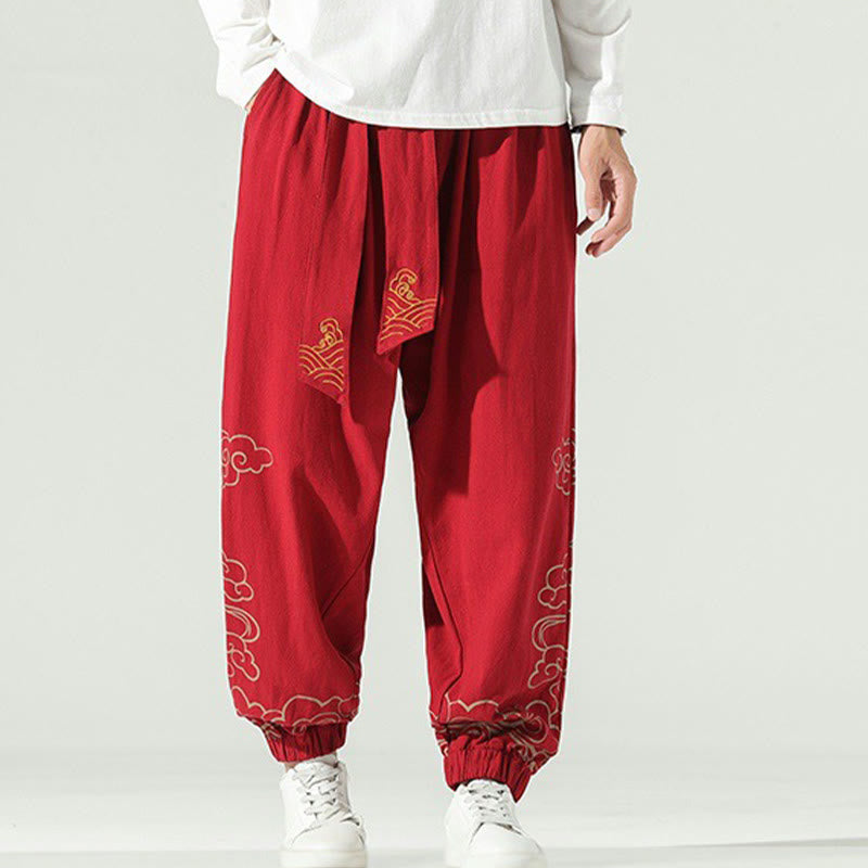Buddha Stones Auspicious Clouds Cotton Linen Men's Drawstring Harem Pants With Pockets Men's Harem Pants BS Red US/UK/AU46,EU56 (5XL)