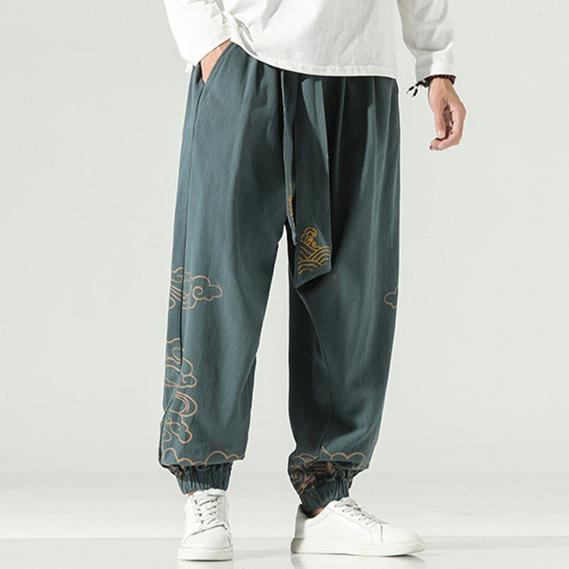Buddha Stones Auspicious Clouds Cotton Linen Men's Drawstring Harem Pants With Pockets Men's Harem Pants BS DarkCyan US/UK/AU46,EU56 (5XL)